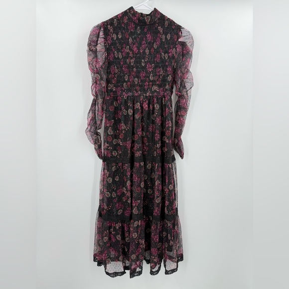 Jun & Ivy Women’s Sheer Floral Tiered Maxi Long Sleeve Black/Burgundy Size XXS - Picture 2 of 6